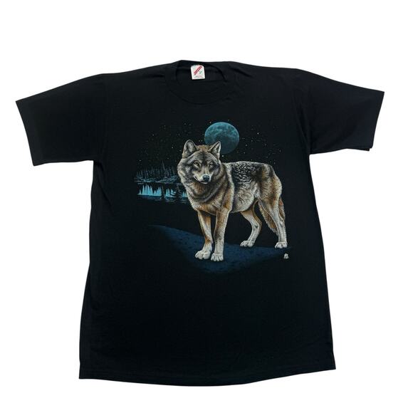 Vintage Wolf Shirt Mens Large L Black LSJ Sportswear Single Stitch 1987 80s - Picture 1 of 9